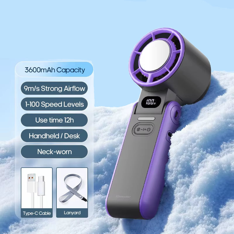 Portable Air Cooling Turbo Fan 3600Mah 100 Wind Speeds Adjustable Outdoor Foldable Student Handheld Fan with Lanyard