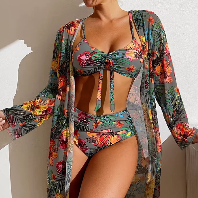 Bohemian Print Sexy Women'S Beach Bikinis Three Pieces Bikini Set Cover up Swimwear High Waisted Bikini Set Women Swimsuit 2026
