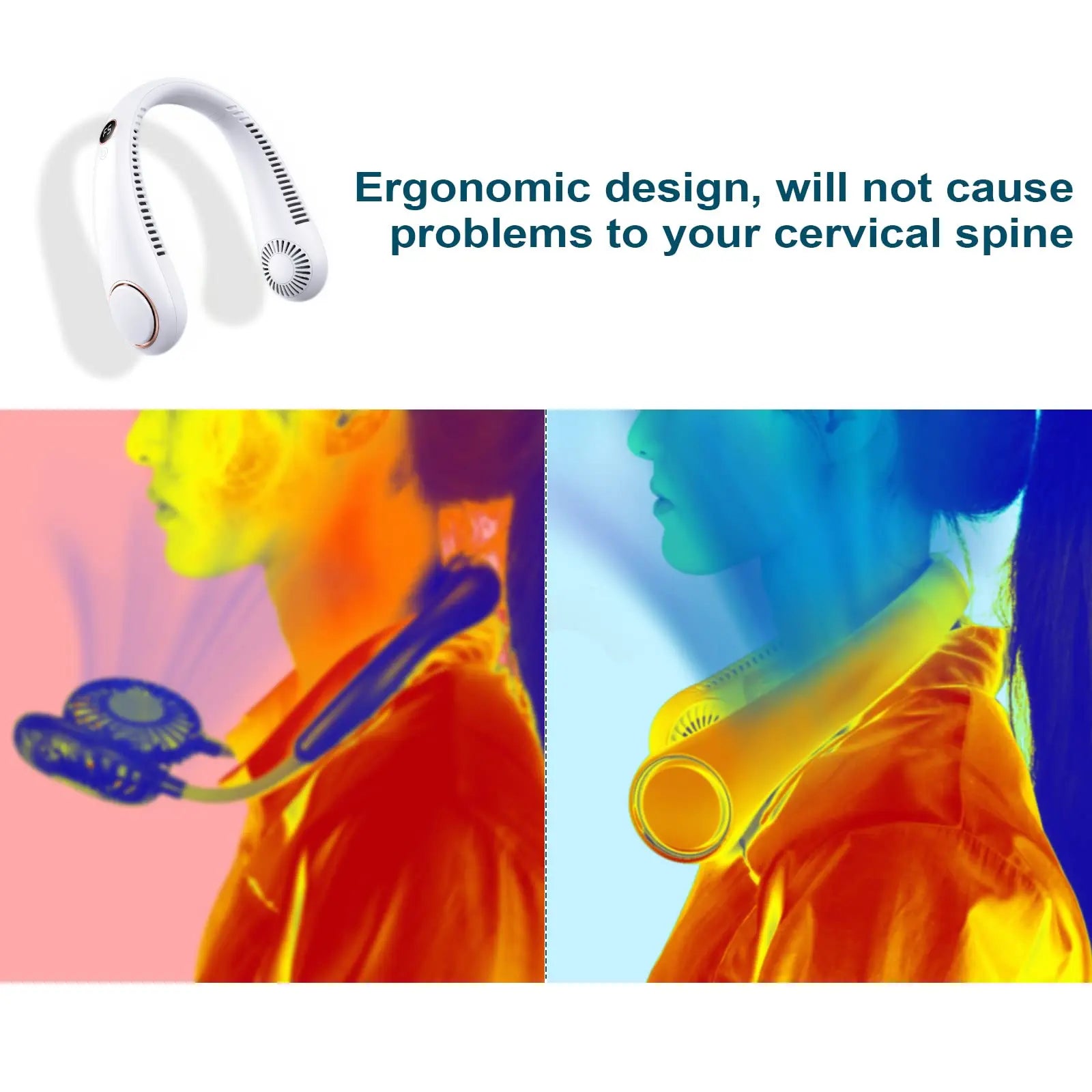 Neck Fan, Rechargeable Personal Portable, Hands Free Wearable Batteryoperated 5 Speeds, USB Neck Cooling for Indoor Outdoor, Adjustable Width Fit, White Hands-Free Neck Fan with Digital Display Bladeless Neck Fan