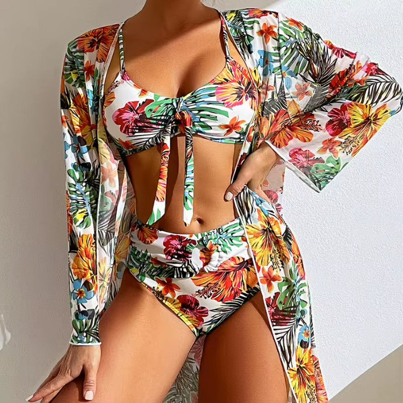 Bohemian Print Sexy Women'S Beach Bikinis Three Pieces Bikini Set Cover up Swimwear High Waisted Bikini Set Women Swimsuit 2026